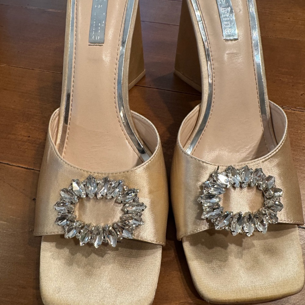Elegant Gold Satin Women's mule high Heels with Crystal Embellishment